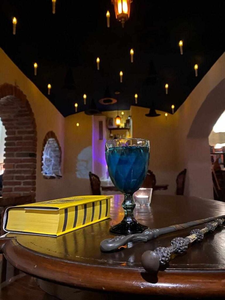 Modrý drink ve skleněném poháru s knihou Harry Potter a kouzelnickými hůlkami v zážitkovém baru